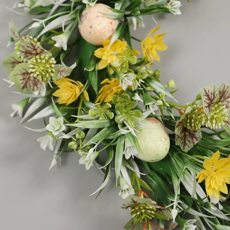 Festive Egg Small Yellow Flowers Artificial Wreath Detail Display