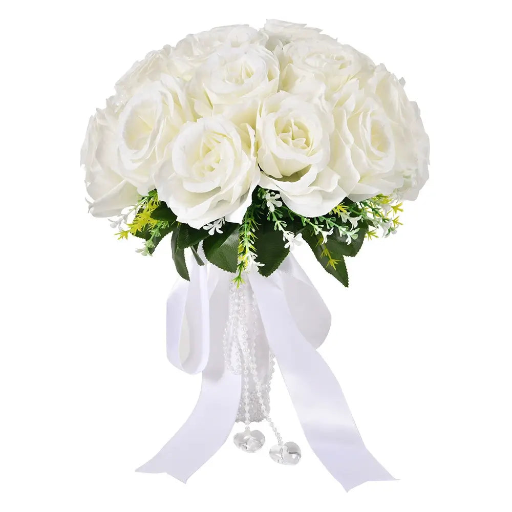 Elegant artificial wedding bouquet with white roses and greenery