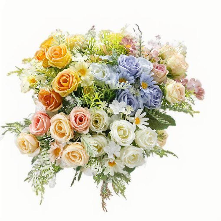 Realistic artificial bouquet with soft-colored roses, daisies, and green leaves